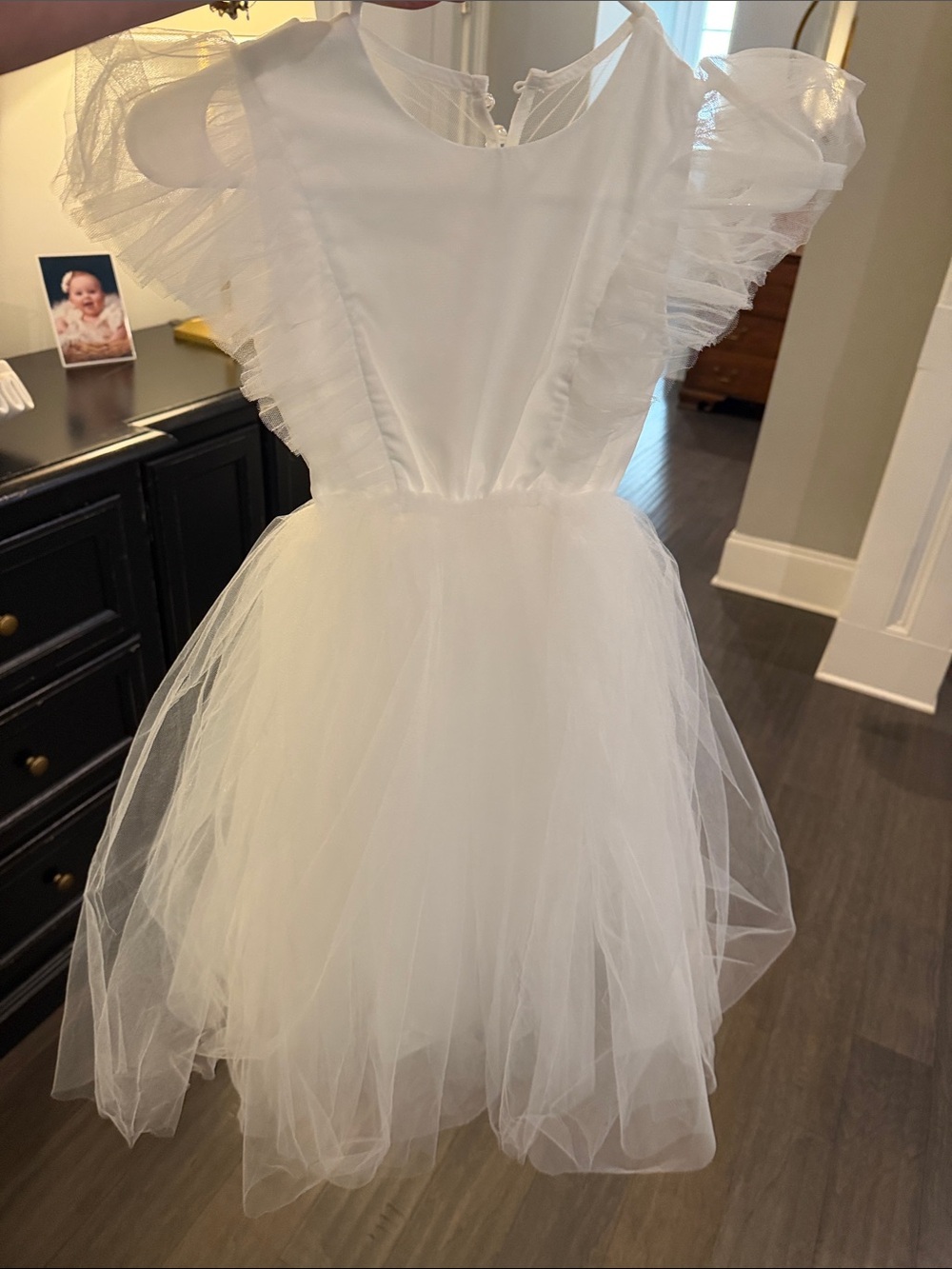 White Tulle Ruffle-Sleeve Flower Girl Dress